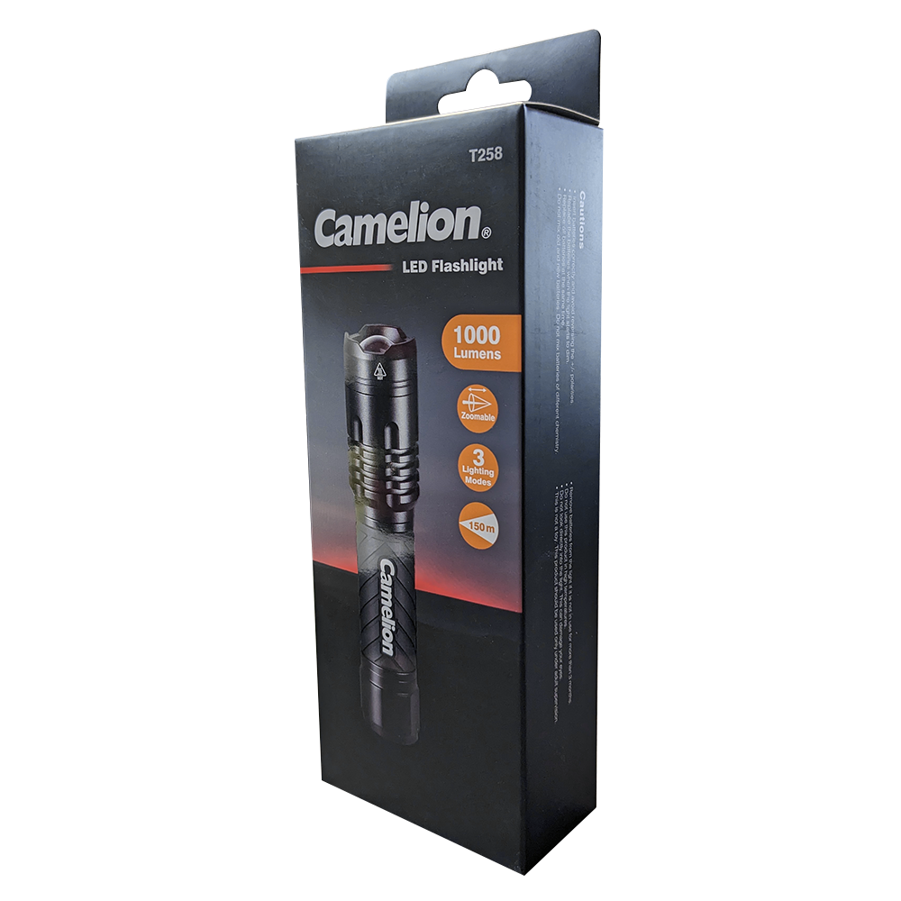 Camelion T258 1000LM LED Flashlight showcasing its durable aluminum body and adjustable focus beam.